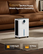 TEANEWS 2500 Sq.Ft Max 34 Pint Dehumidifier for Basement with Drain Hose Large Room Compressor Dehumidifiers for Home Bedroom Bathroom RV, Intelligent Humidistat