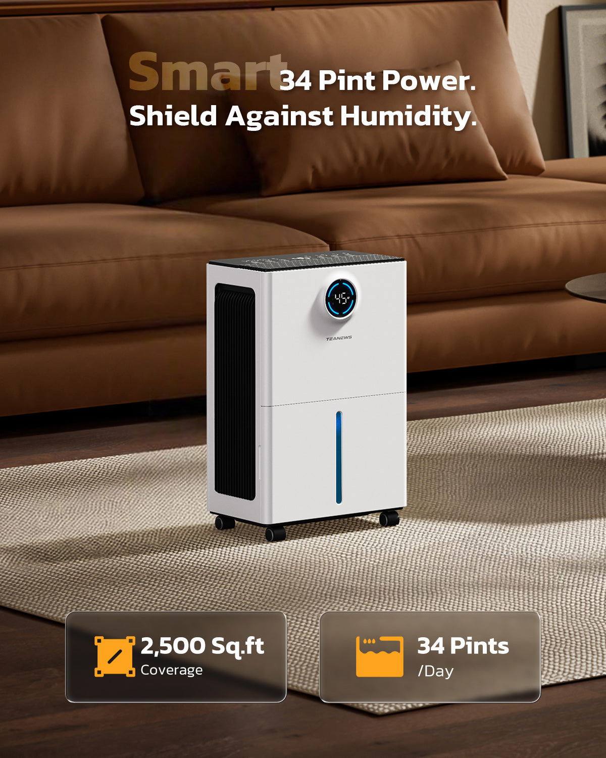 TEANEWS 2500 Sq.Ft Max 34 Pint Dehumidifier for Basement with Drain Hose Large Room Compressor Dehumidifiers for Home Bedroom Bathroom RV, Intelligent Humidistat