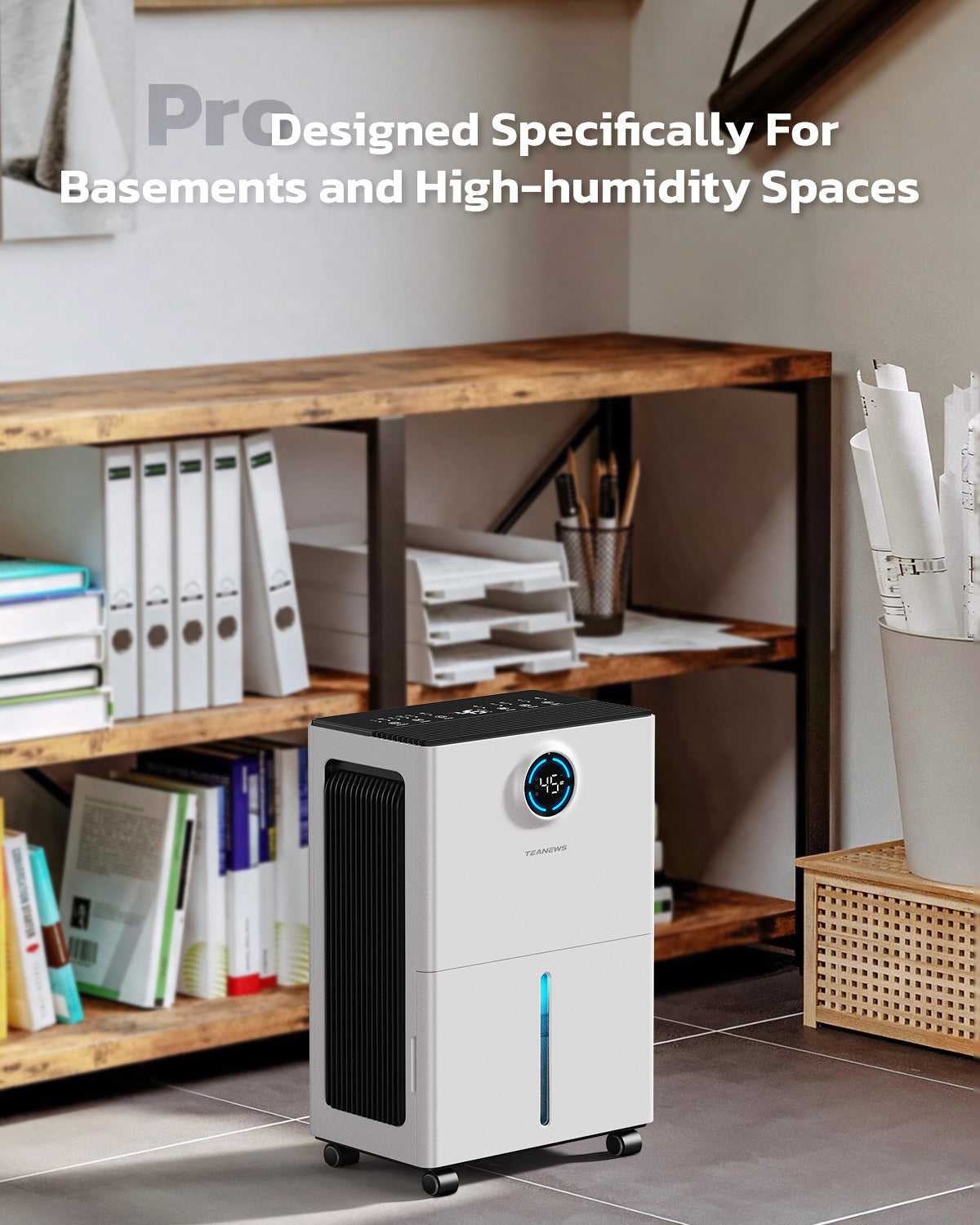 TEANEWS 2500 Sq.Ft Max 34 Pint Dehumidifier for Basement with Drain Hose Large Room Compressor Dehumidifiers for Home Bedroom Bathroom RV, Intelligent Humidistat