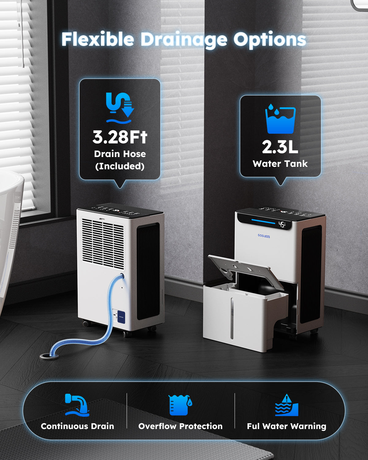 GoGuess 2500 Ft² Max 34 Pints Large Room Dehumidifier for Basement White Compressor Dehumidifier with Drain Hose for Home RV Garage Humidity Control